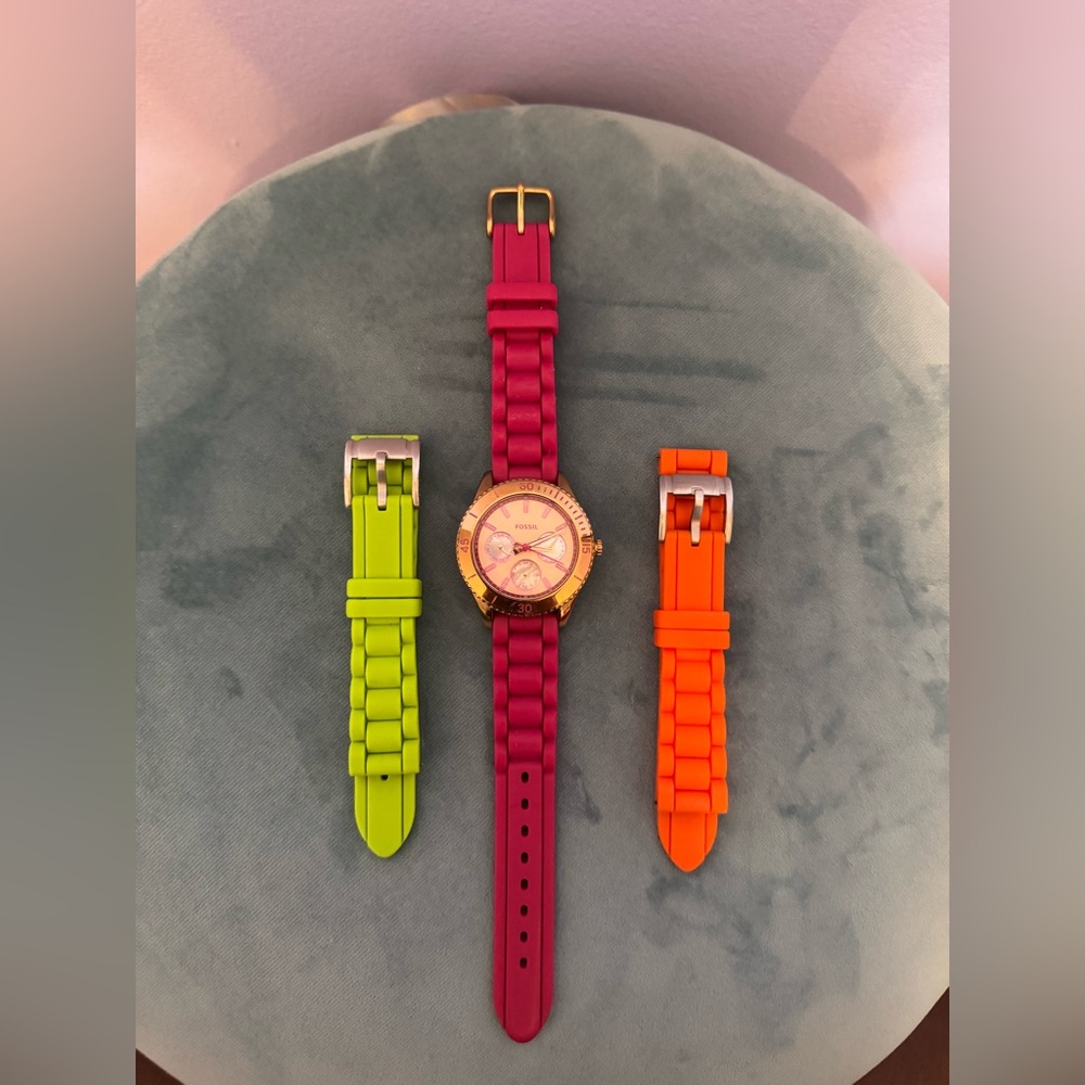 Fossil gold and pink watch with two extra bands (orange and green)